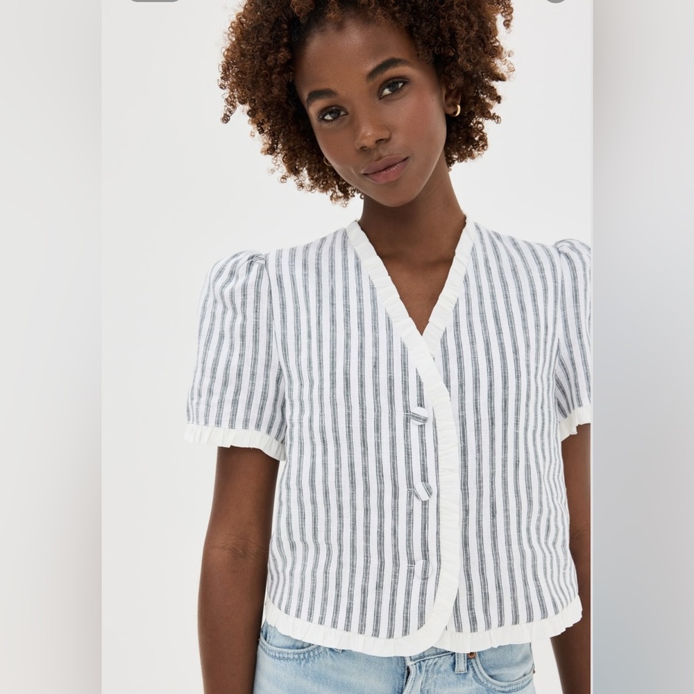 Reformation White and Gray Striped Puff Sleeve Button Top